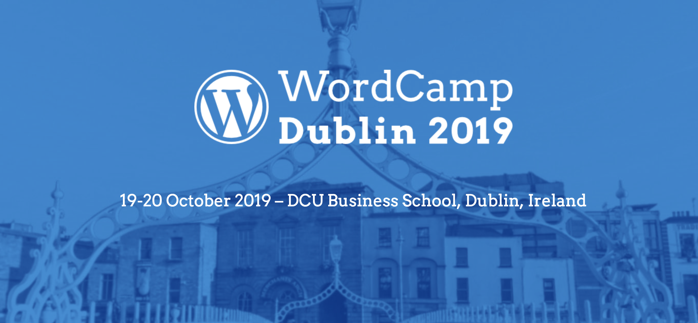 WordCamp Dublin Banner with ha'penny bridge as the background