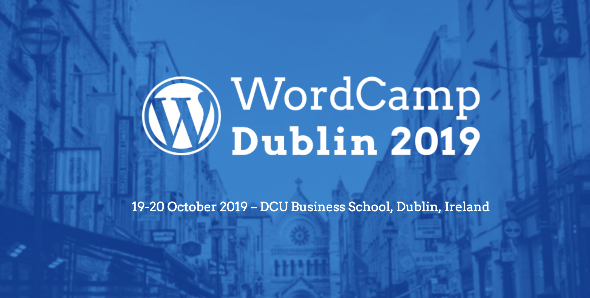 WordCamp Dublin Banner with streets of Dublin as the background