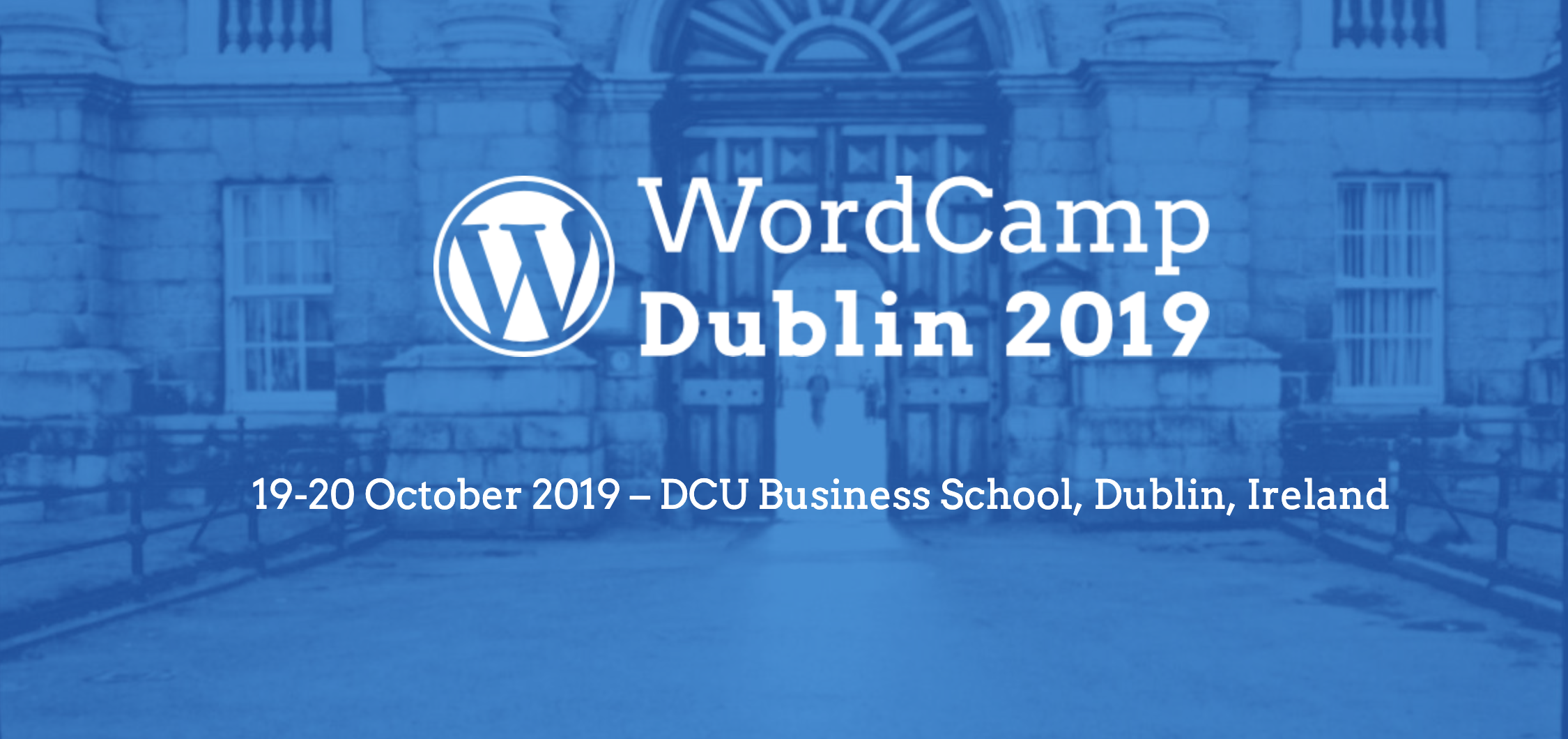 WordCamp Dublin Banner with Trinity College door as the background